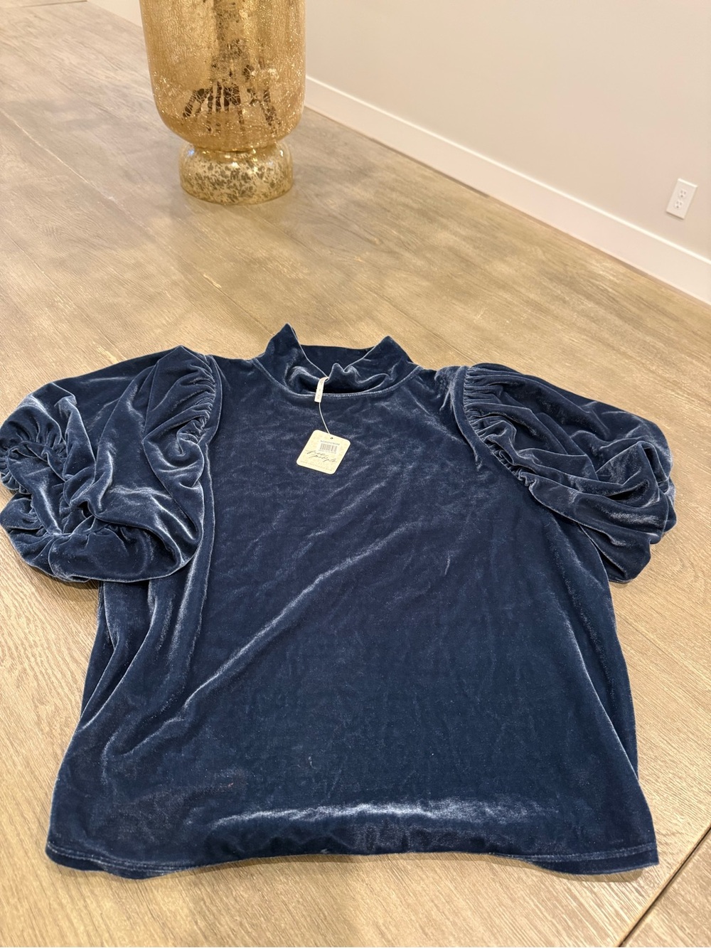 NWT! Free People Velvet Puff Sleeve Top in Stormy Navy Blue